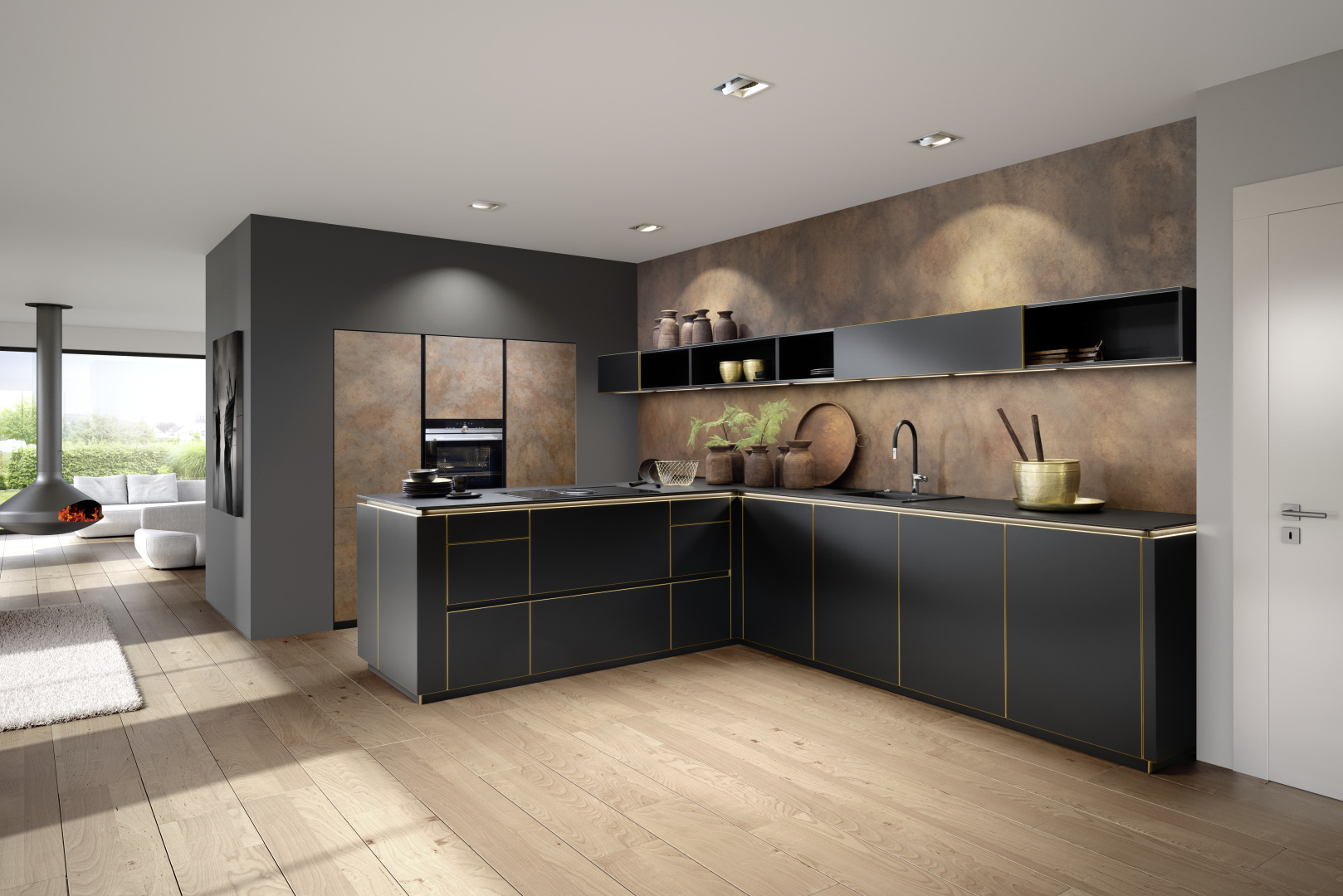 Nolte FLAIR kitchen, black front with corten steel accents